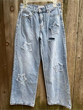 High-Rise Straight Leg Jeans with Distressed Star Appliqués - Light Blue